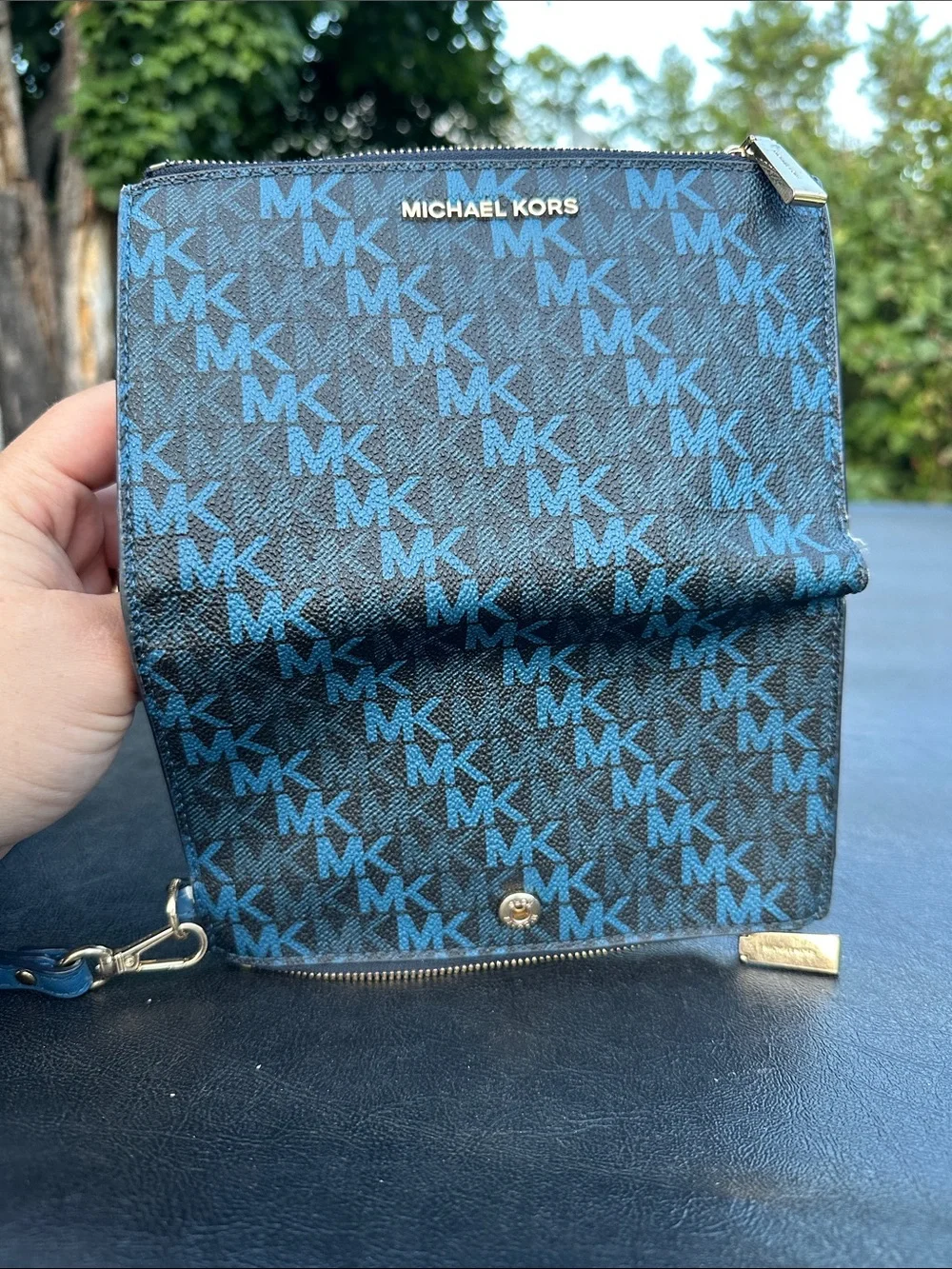 Michael Kors Blue MK Logo Wristlet Wallet with Gold Hardware